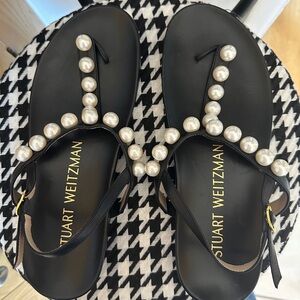 Stuart Weitzman Women's Goldie Pearl Demi Wedge Thong Sandals